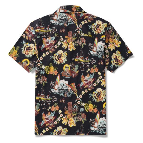 Men's Vintage Hawaiian Shirt Black Tiki Shirt Short Sleeve Camp Collar 100% Cotton Aloha Shirt