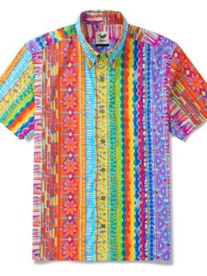 Men's Striped Hawaiian Shirt Short Sleeve Button-down Yiume 100% Cotton Red Aloha Geometric Dimensions