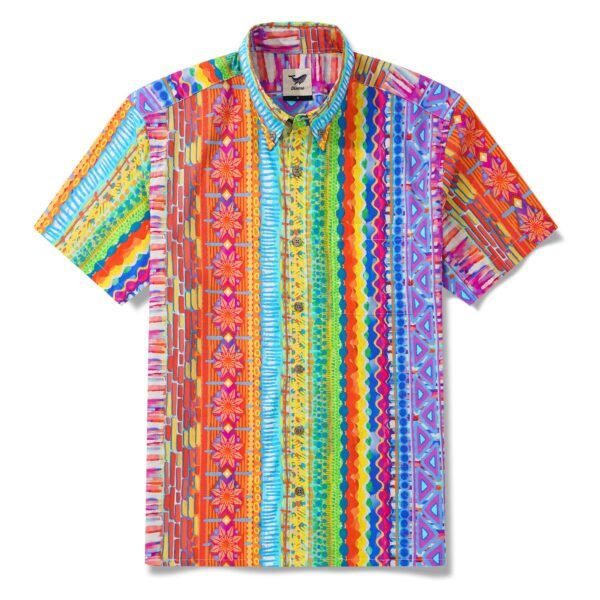 Men's Striped Hawaiian Shirt Short Sleeve Button-down Yiume 100% Cotton Red Aloha Geometric Dimensions