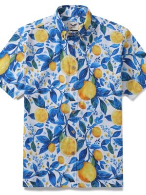 Summer Hawaiian Shirt For Men Button-down Lemon Shirt Short Sleeve 100% Cotton Shirt