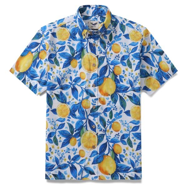 Summer Hawaiian Shirt For Men Button-down Lemon Shirt Short Sleeve 100% Cotton Shirt