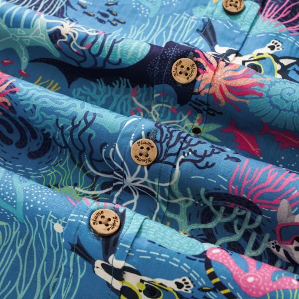 Men's Blue Hawaiian Shirt Fish & Turtle Shirt Short Sleeve Button-down 100% Cotton Blue Aloha Dive Pup