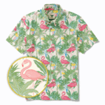 Men's Hawaiian Shirt Short Sleeve Button-down 100% Cotton Beige Aloha Flamingos & Chameleons By House of Haricot