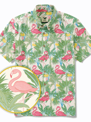 Men's Hawaiian Shirt Short Sleeve Button-down 100% Cotton Beige Aloha Flamingos & Chameleons By House of Haricot