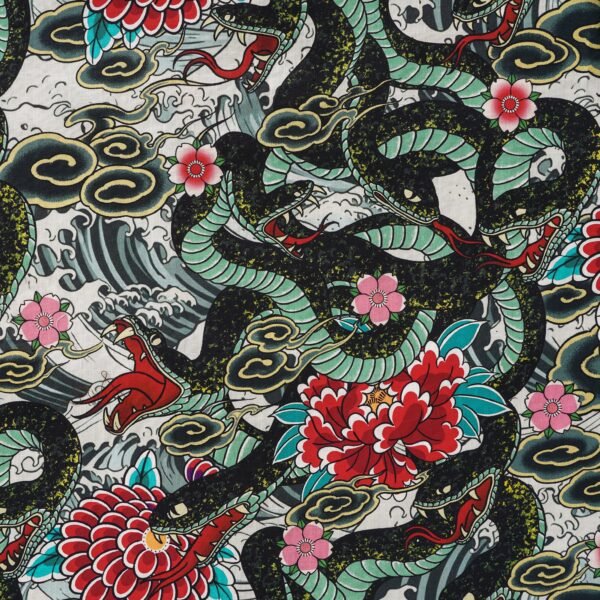 Men's Hawaiian Shirt Short Sleeve Camp Collar 100% Cotton Green Aloha Ocean Serpent Art Print