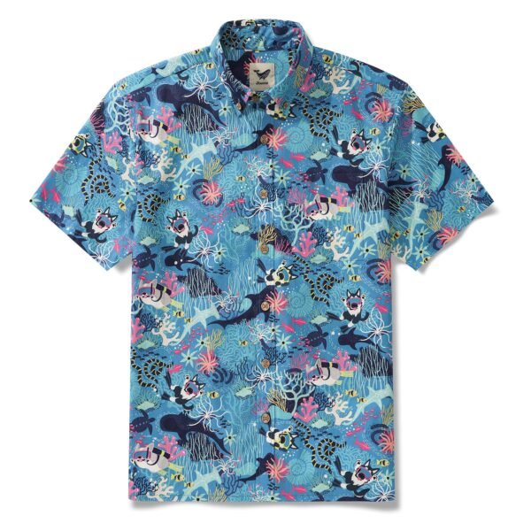 Men's Blue Hawaiian Shirt Fish & Turtle Shirt Short Sleeve Button-down 100% Cotton Blue Aloha Dive Pup