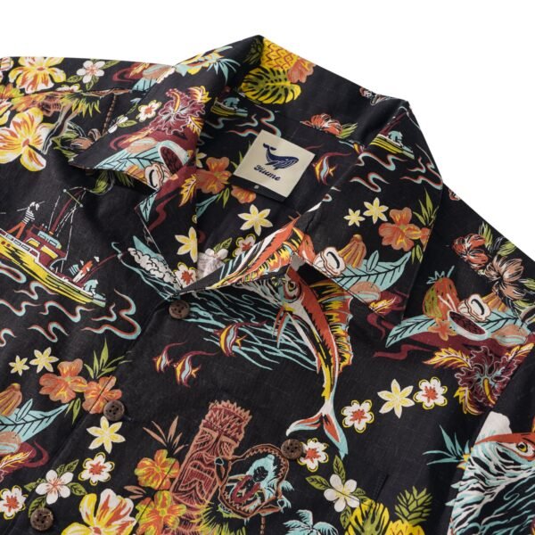 Men's Vintage Hawaiian Shirt Black Tiki Shirt Short Sleeve Camp Collar 100% Cotton Aloha Shirt