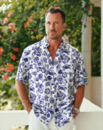Yiume Men's Summer Casual Button-Down Hawaiian Shirt 100% Cotton Blue and White Shirt