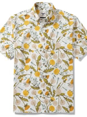 Yiume Tropical Hawaiian Shirt For Men Dandelions and Dragonflies Button-down Shirt Short Sleeve 100% Cotton Aloha Shirt