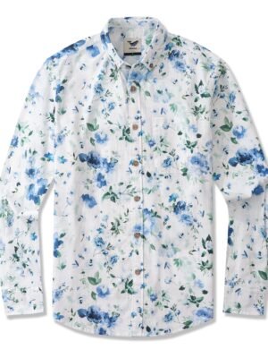 Gentle Breeze 100% Cotton Men's Long Sleeve Button-down Shirt White Aloha Hawaiian