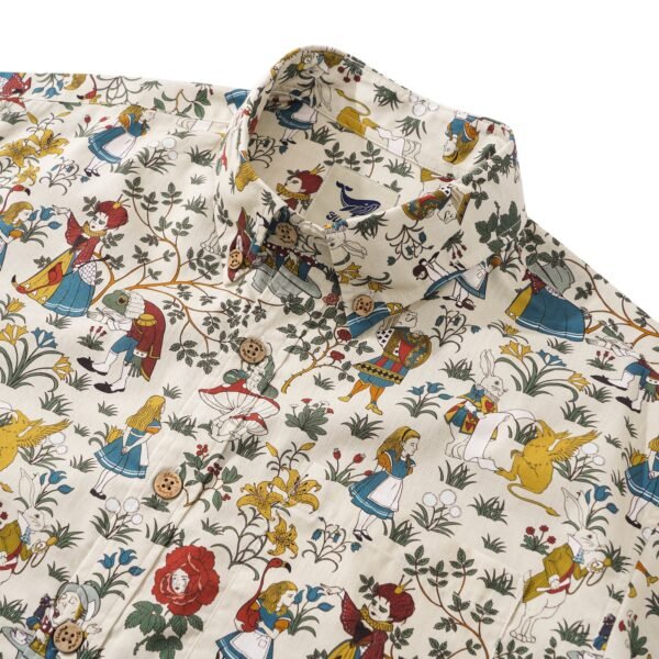 Men's Hawaiian Shirt Short Sleeve Button-down 100% Cotton Beige Aloha Alice's Wonderland