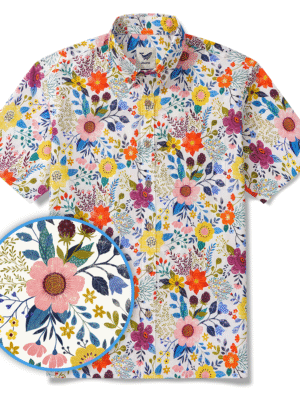 Men's Hawaiian Shirt Short Sleeve Button-down 100% Cotton Beige Aloha Floral Bookmark