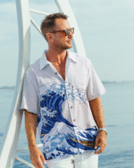 Wave Hawaiian Shirt For Men Japanese Aloha Shirt Cotton Short Sleeve Camp Shirt
